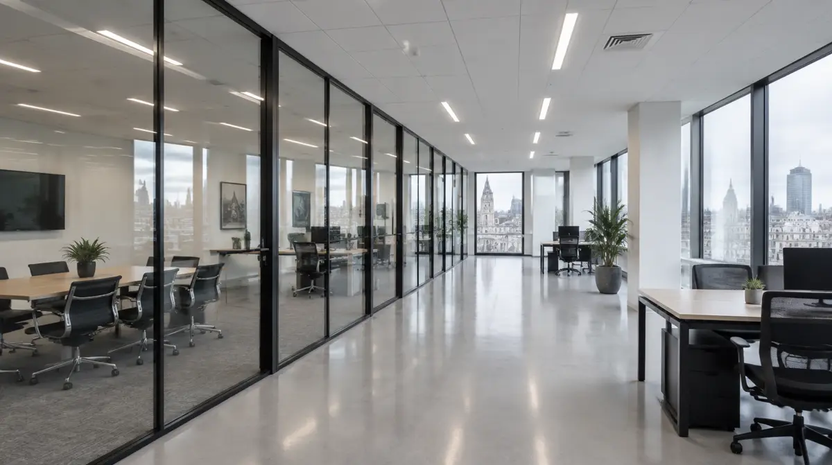 Open-plan office floor with a run of black-framed glass partitions forming private offices
